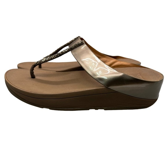 Fitflop Fino Toe-Post Flip Flops Bronze Wedge 9 Style #C89-012 Glitter Studded - Picture 8 of 11